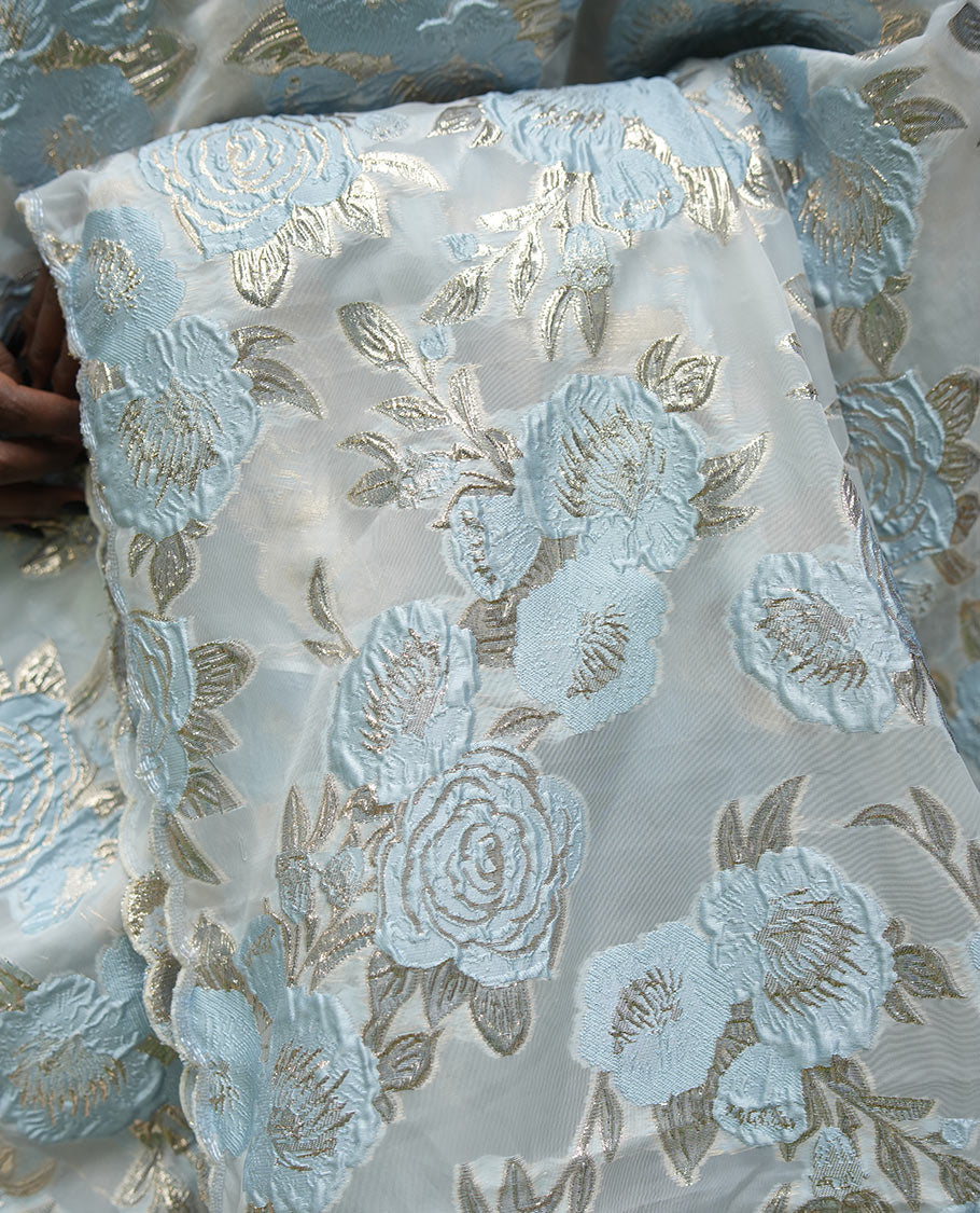 Sky Blue Turkey Organza Saree Features Floral Gold-Glitter work, Scallop Border, a Embroidered Blouse
