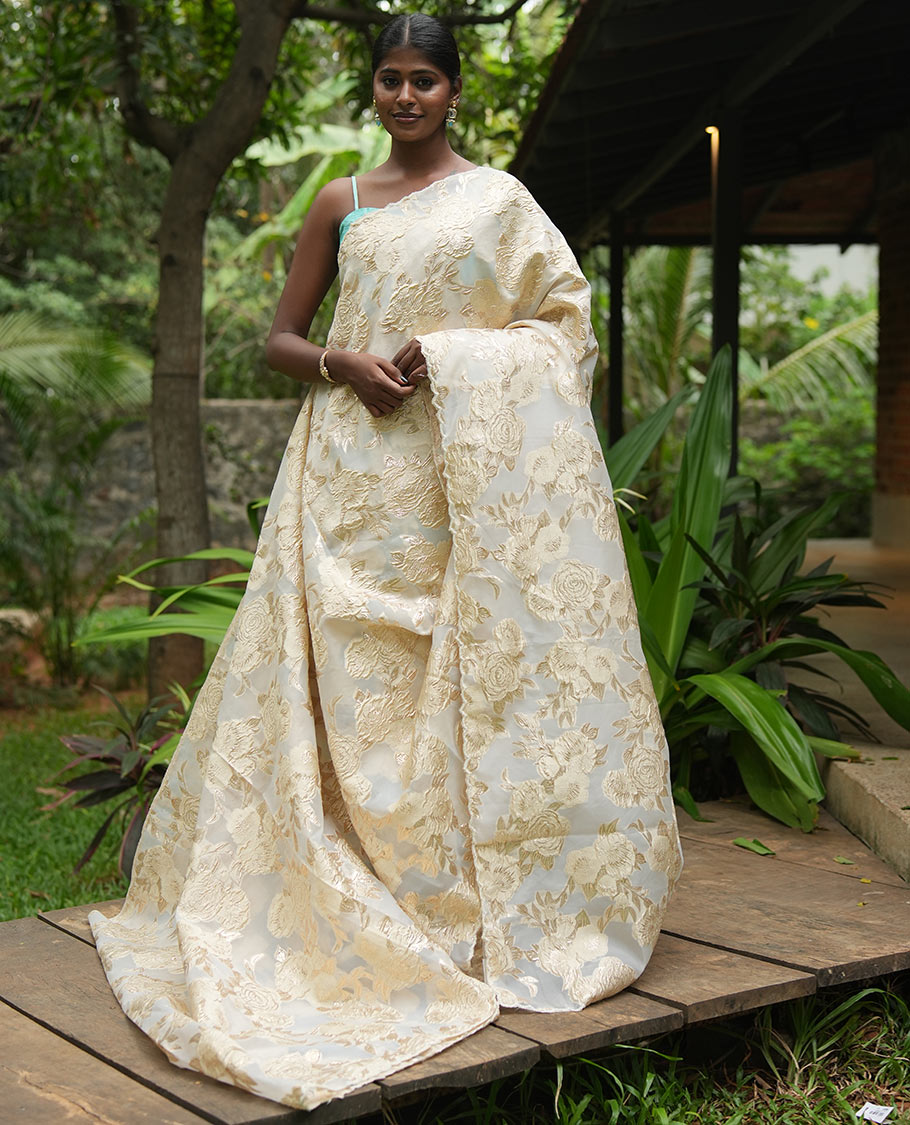 Gold Turkey Organza Saree Features Floral Gold-Glitter work, Scallop Border, Embroidered Blouse