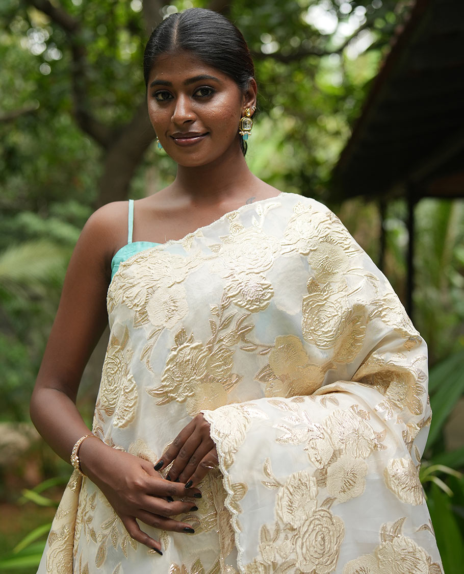 Gold Turkey Organza Saree Features Floral Gold-Glitter work, Scallop Border, Embroidered Blouse