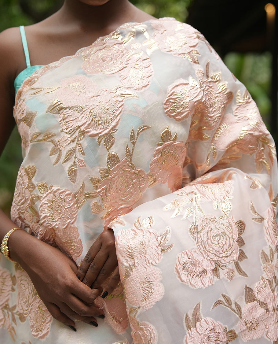 Peach Turkey Organza Saree, Floral Glitterwork, Scallop Border, Embroidered Blouse