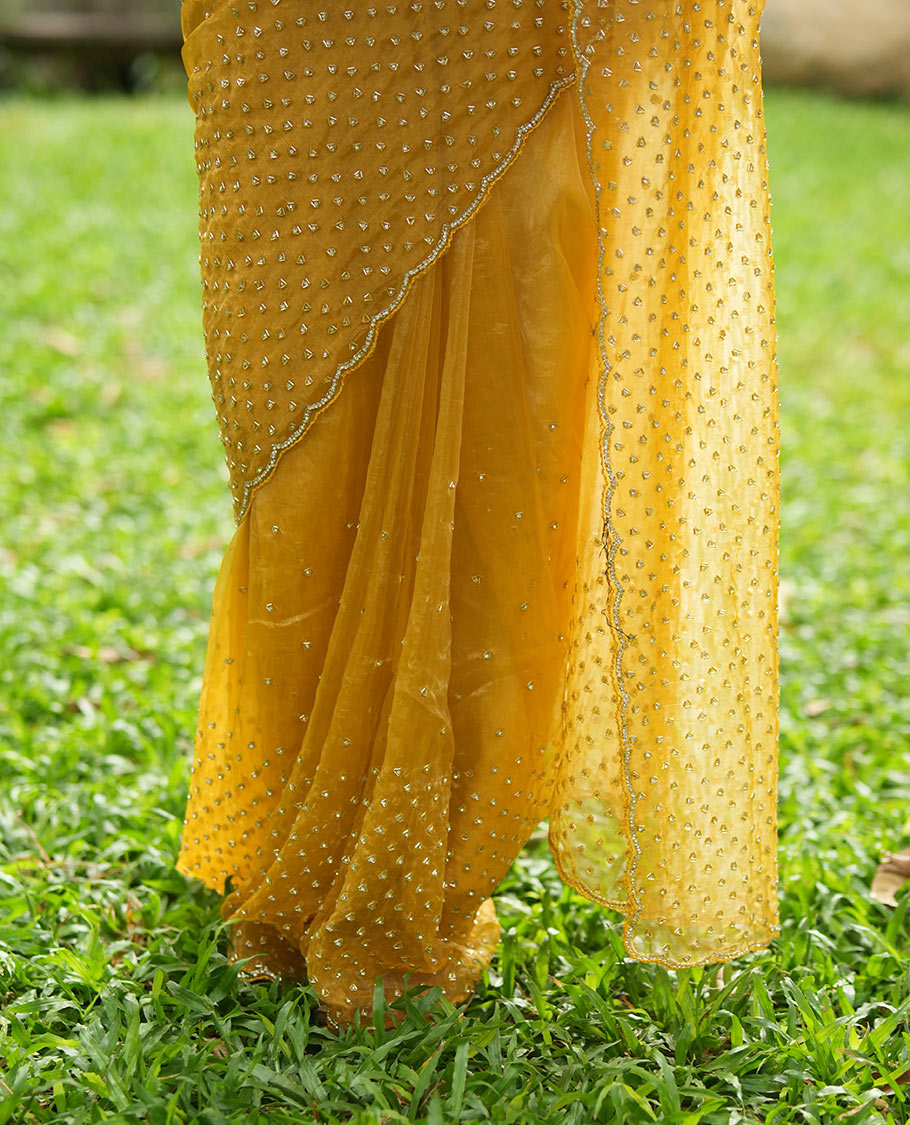 Mustard Organza Glass Tissue Designer Saree With Stonework, a Scallop Border, and a Matching Blouse