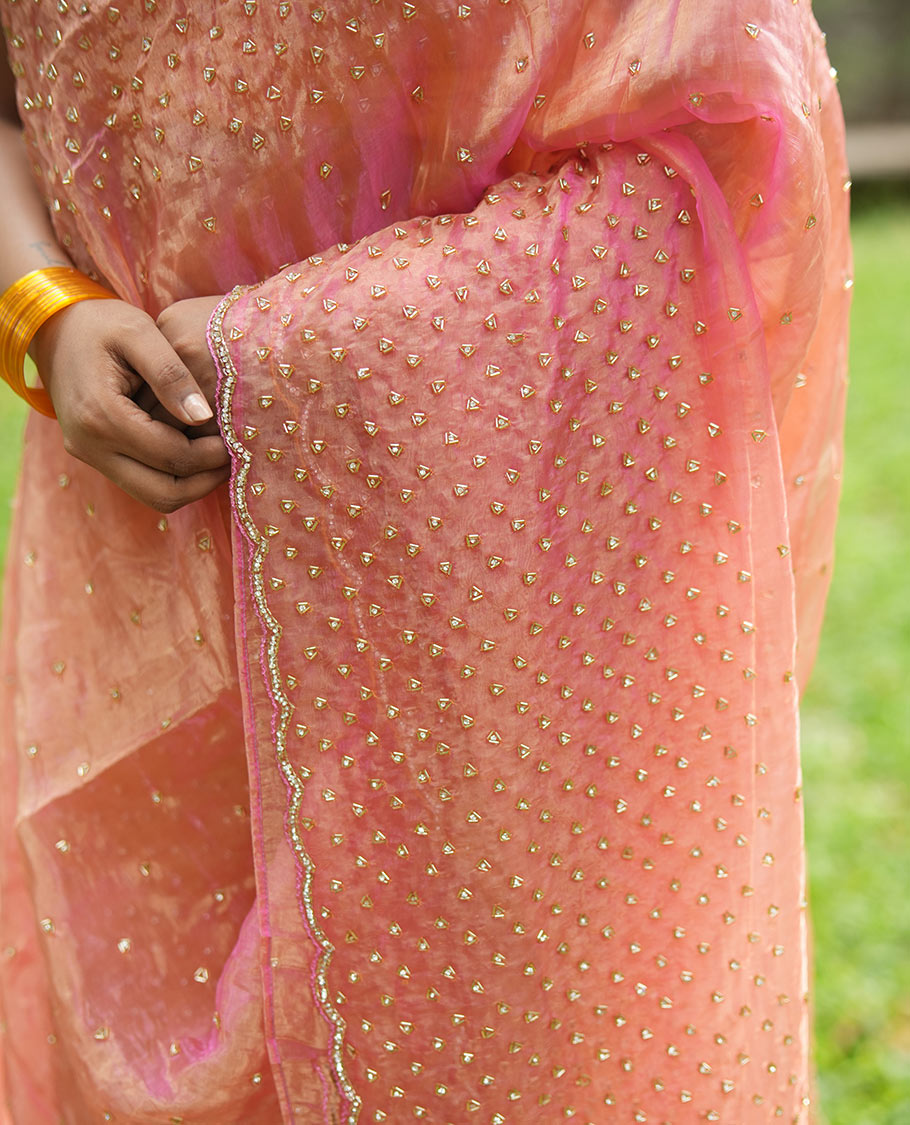 Pink Organza Glass Tissue Saree With Stonework, a Scallop Border, and a Matching Blouse