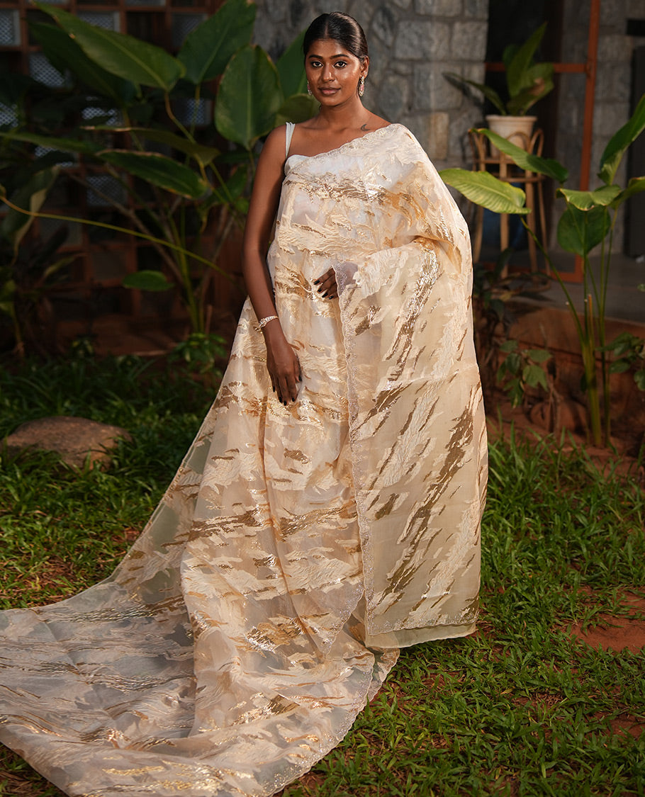 Gold Turkey Organza Saree, Adorned with Abstract-Style Gold Thread Work, Swarovski Stonework Border, and Matching Blouse