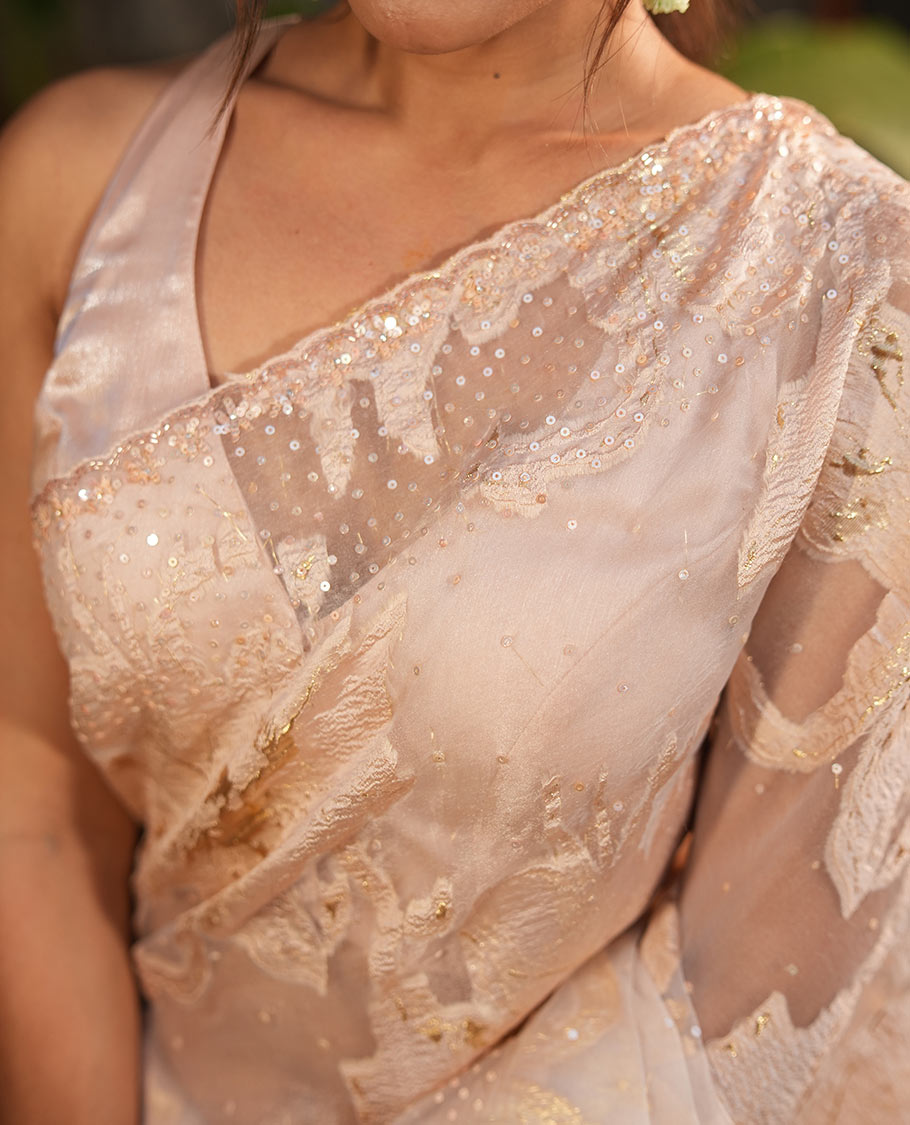 Peach Turkey Organza Saree, Shimmering with Floral Threadwork, a Gleaming Scallop Border, and a Matching Blouse