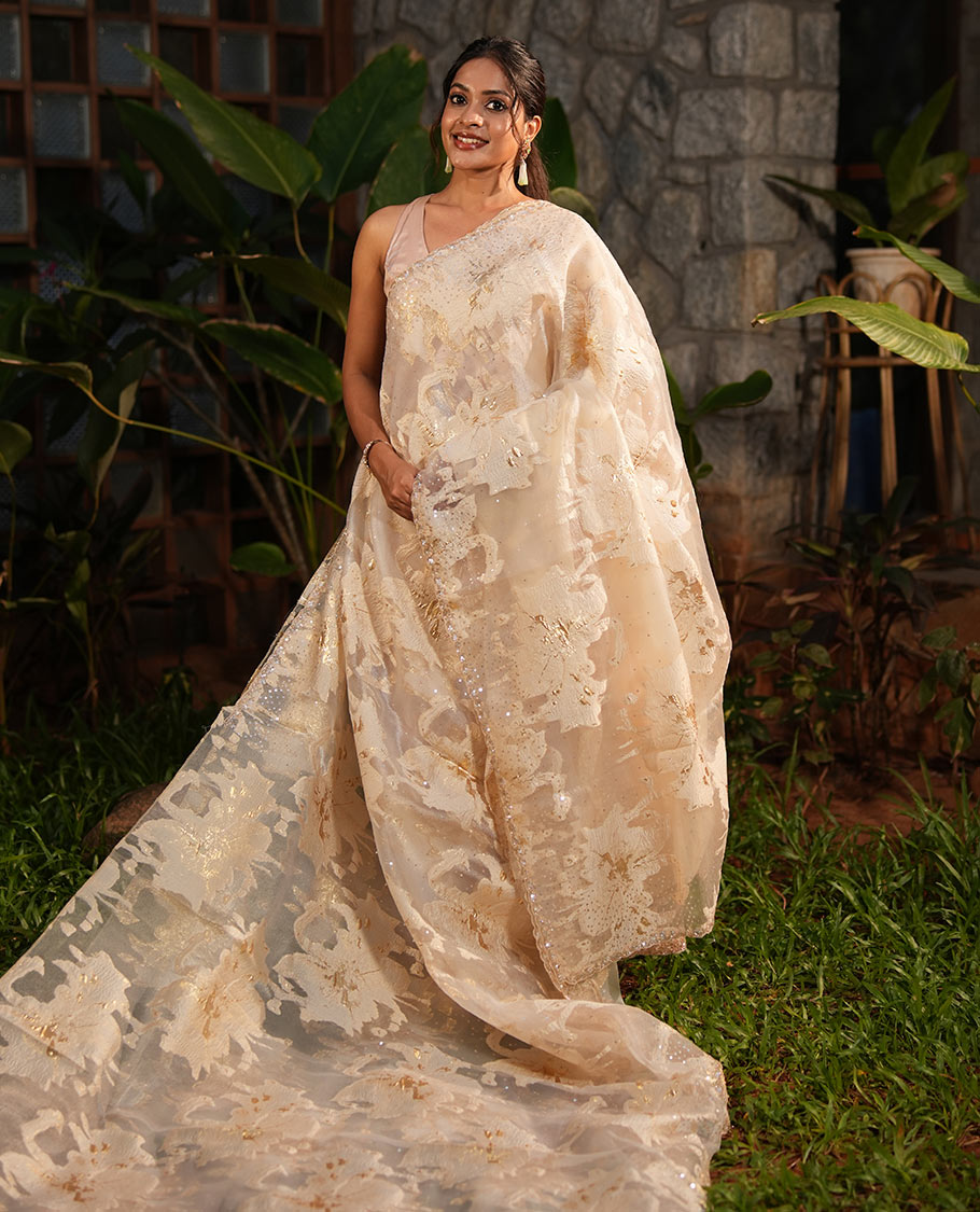 Gold Turkey Organza Saree, Shimmering with Floral Threadwork, a Gleaming Scallop Border, and a Matching Blouse
