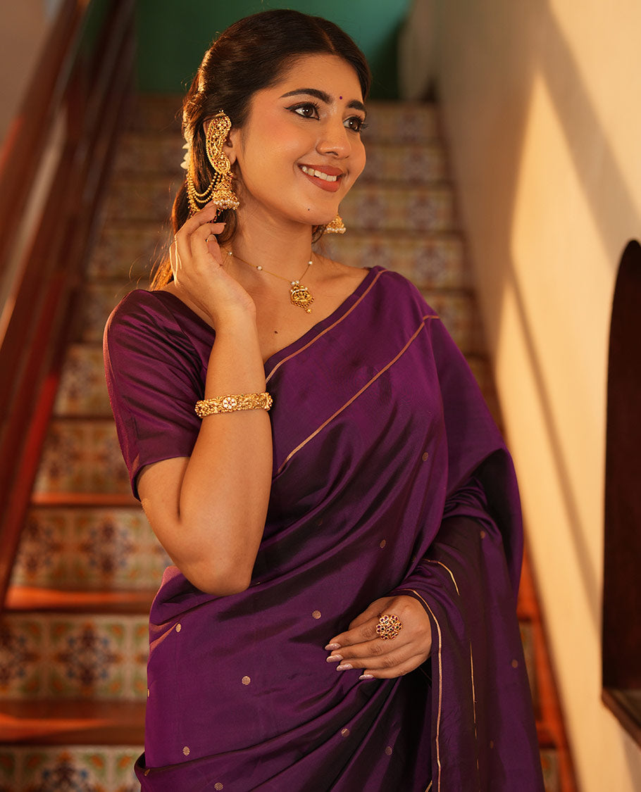 Purple Vasundhara Lite Silk Saree, Subtly Sparkled with Paisa Zari Buttas Across Its Body, Highlighted Zari Border of Horizontal Stripes, Gleaming Pallu of Seppu Rekku Designs, and Paired with a Matching Blouse
