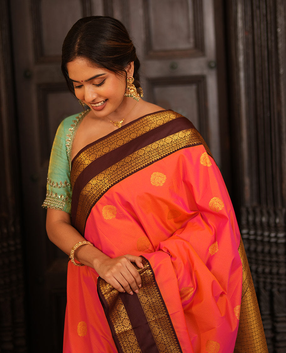 Pink Gift Saree, Accentuated with Zari Buttas All Over Its Body, Complemented by a Contrast Traditional Zari Design Border, Grand Pallu of Jaal Designs, and Paired with a Contrast Blouse