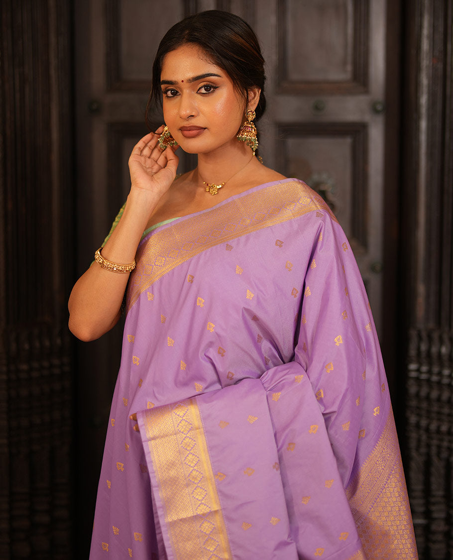 Lavender Gift Saree, Elevated with Zari Buttas All Over Its Body, Highlighted by a Traditional Zari Design Border, Grand Pallu of Jaal Designs, and Paired with a Matching Blouse