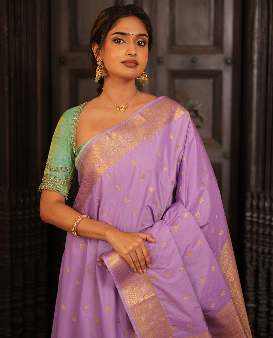 Lavender Gift Saree, Elevated with Zari Buttas All Over Its Body, Highlighted by a Traditional Zari Design Border, Grand Pallu of Jaal Designs, and Paired with a Matching Blouse