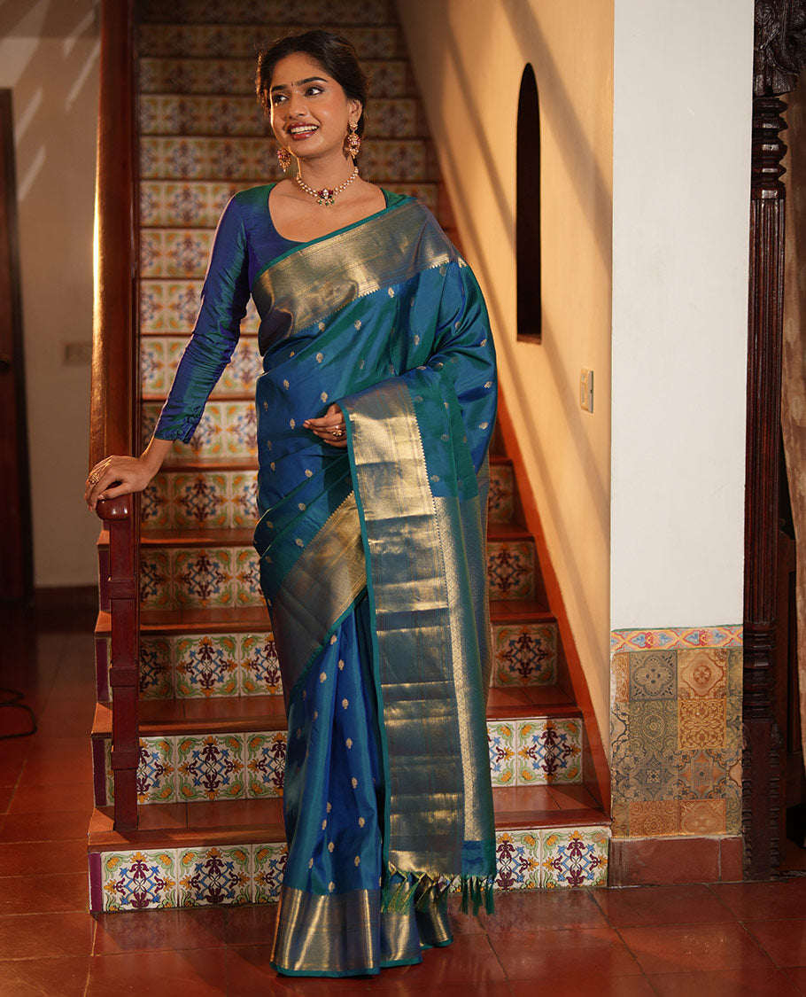 Blue Vasundhara Lite Silk Mix Saree, Enriched with Zari Buttas All Over Its Body, Highlighted by a Zari Border of Traditional Zari Designs, Grandly Zari Decked Up Pallu, and Paired with a Matching Blouse
