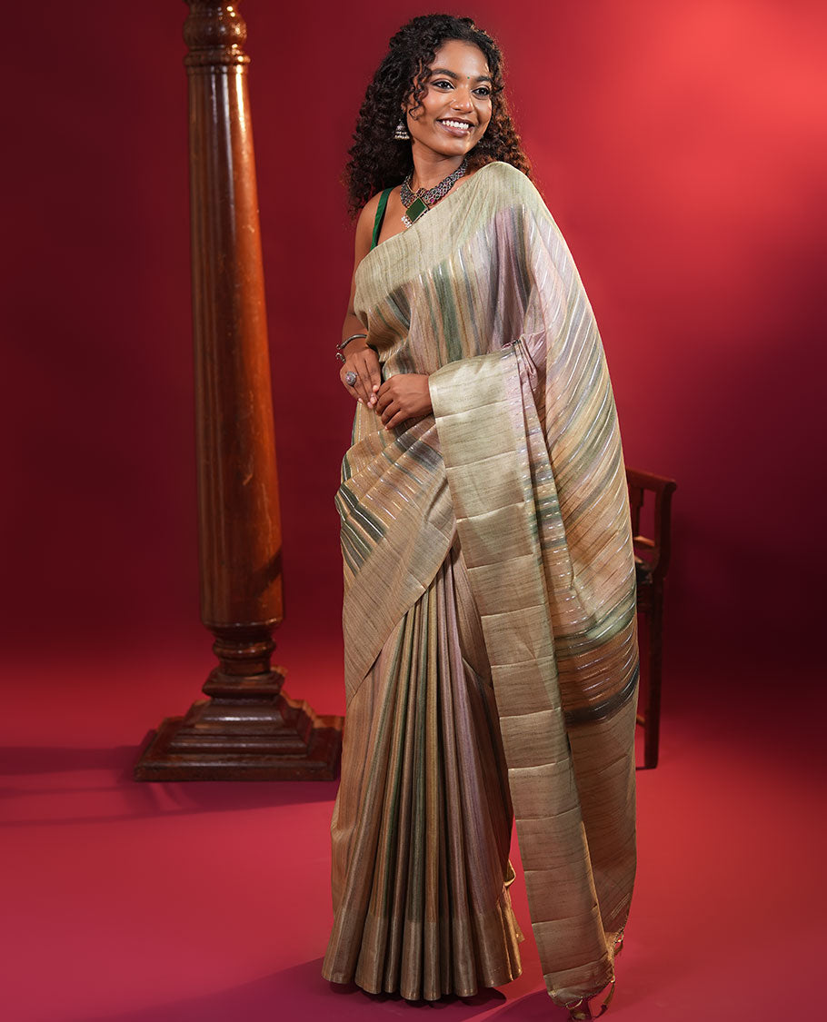 Pista Green Striped Semi-Tussar Silk Saree, Adorned with Vertical Zari Stripes on Its Body, Subtle Zari Border, a Subtle Pallu, and Paired with a Contrast Striped Blouse