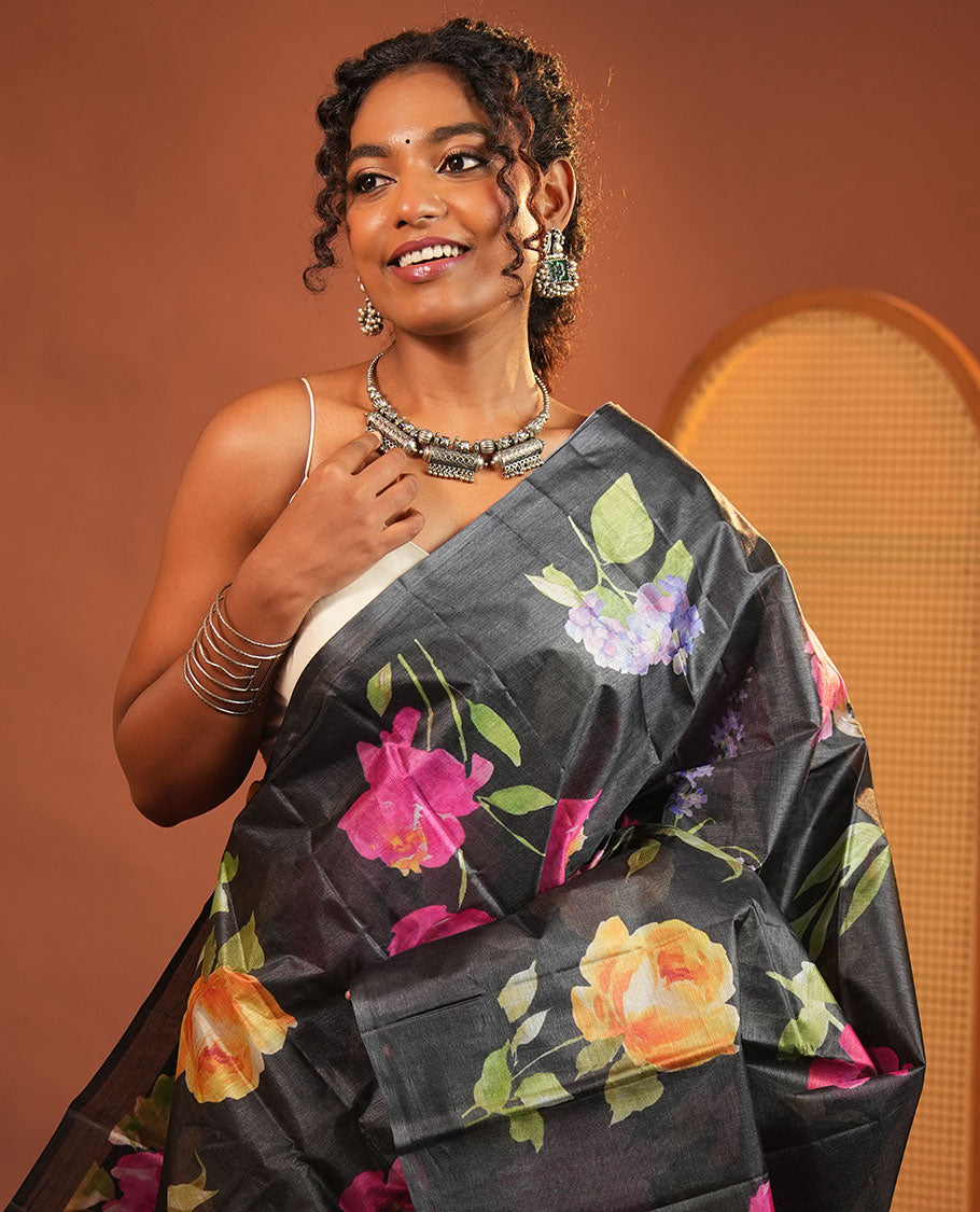 Borderless Black Tussar Silk Saree, Finely Printed with Floral Motifs On Its Body, Subtly Floral Printed Pallu and Paired with a Printed Blouse