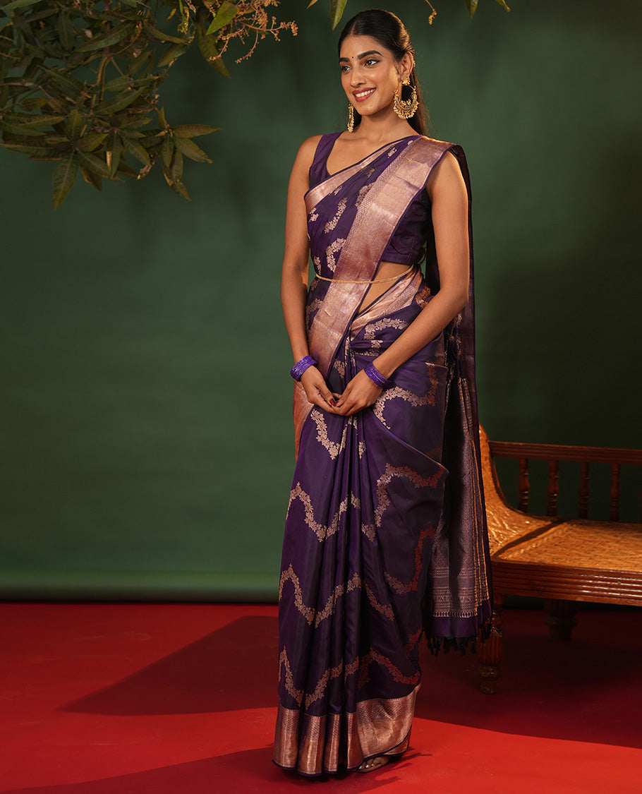 Purple Vasundhara Silk Saree, Accentuated with Floral Jaal Jacquard, Complemented by Zari Border of Thilakam Mokku, Lavangam, and Jaal Designs, Grandly Woven Pallu, and Paired with a Matching Blouse