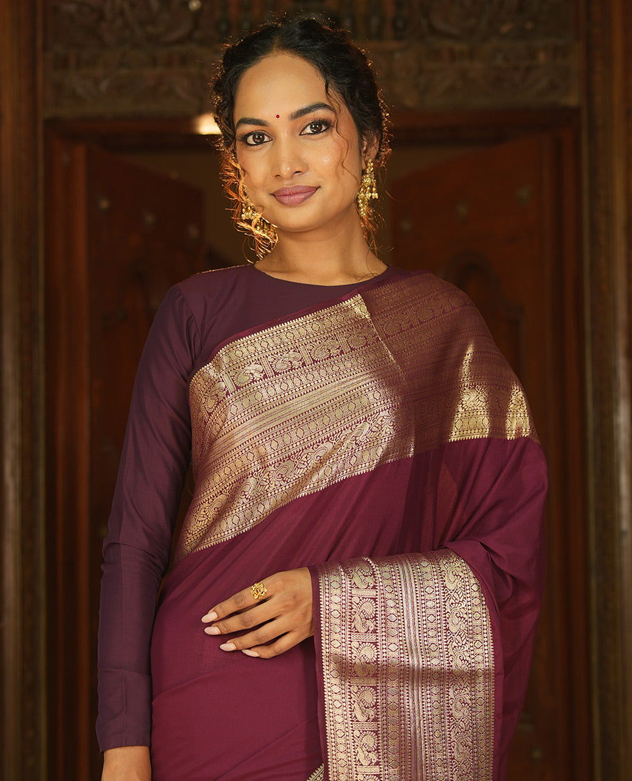 Wine Plain Semi-Mysore Silk Saree