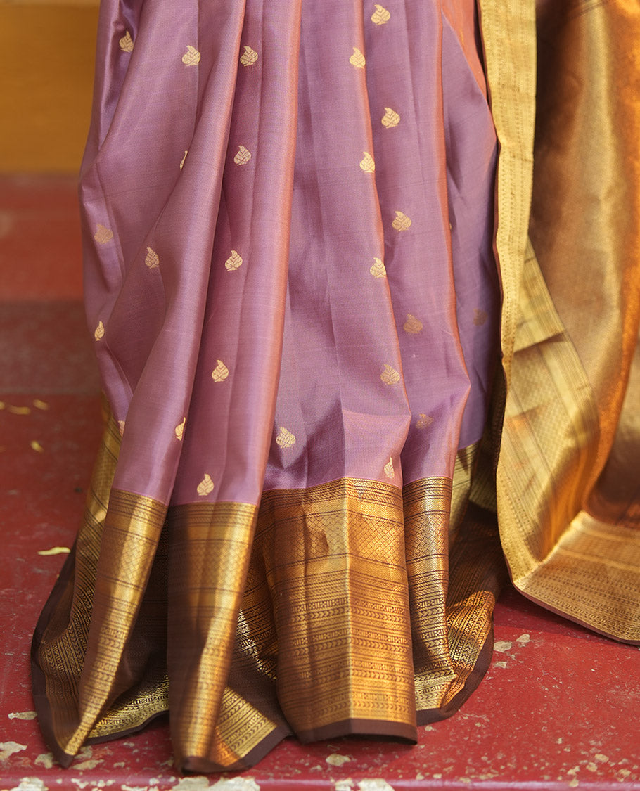 Grey-Brown Zari Buttas Vasundhara Lite Silk Mix Saree, Contrast Geometric Zari Border, Jaal Pallu, a Contrast Blouse