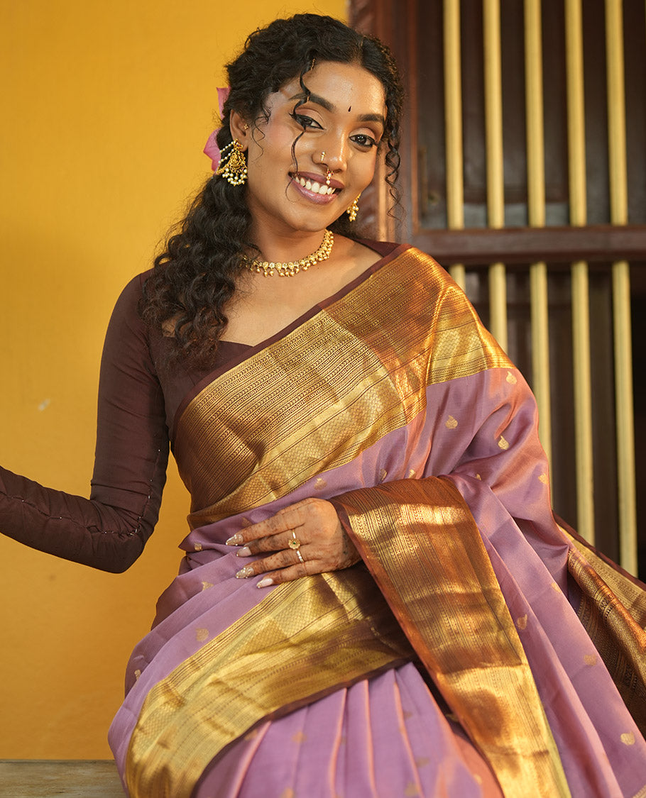 Grey-Brown Zari Buttas Vasundhara Lite Silk Mix Saree, Contrast Geometric Zari Border, Jaal Pallu, a Contrast Blouse