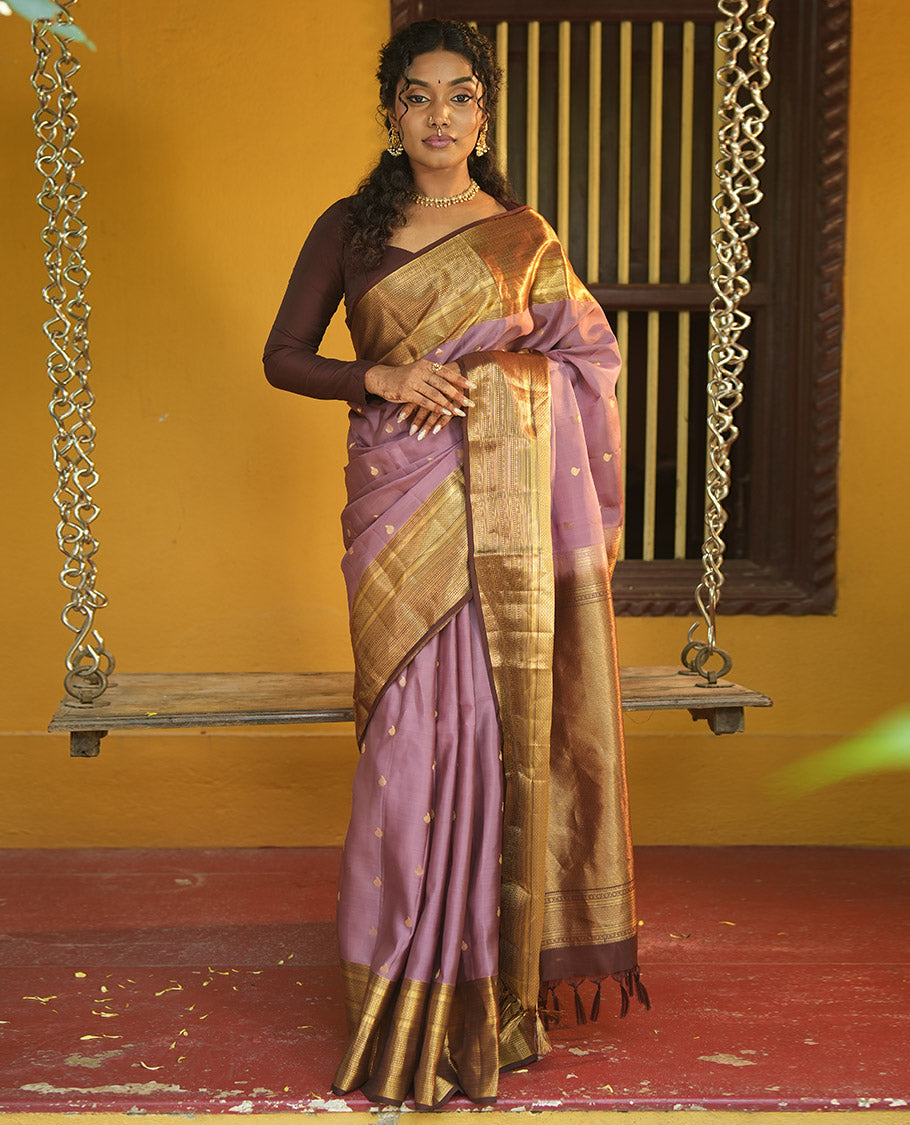 Grey-Brown Zari Buttas Vasundhara Lite Silk Mix Saree, Contrast Geometric Zari Border, Jaal Pallu, a Contrast Blouse