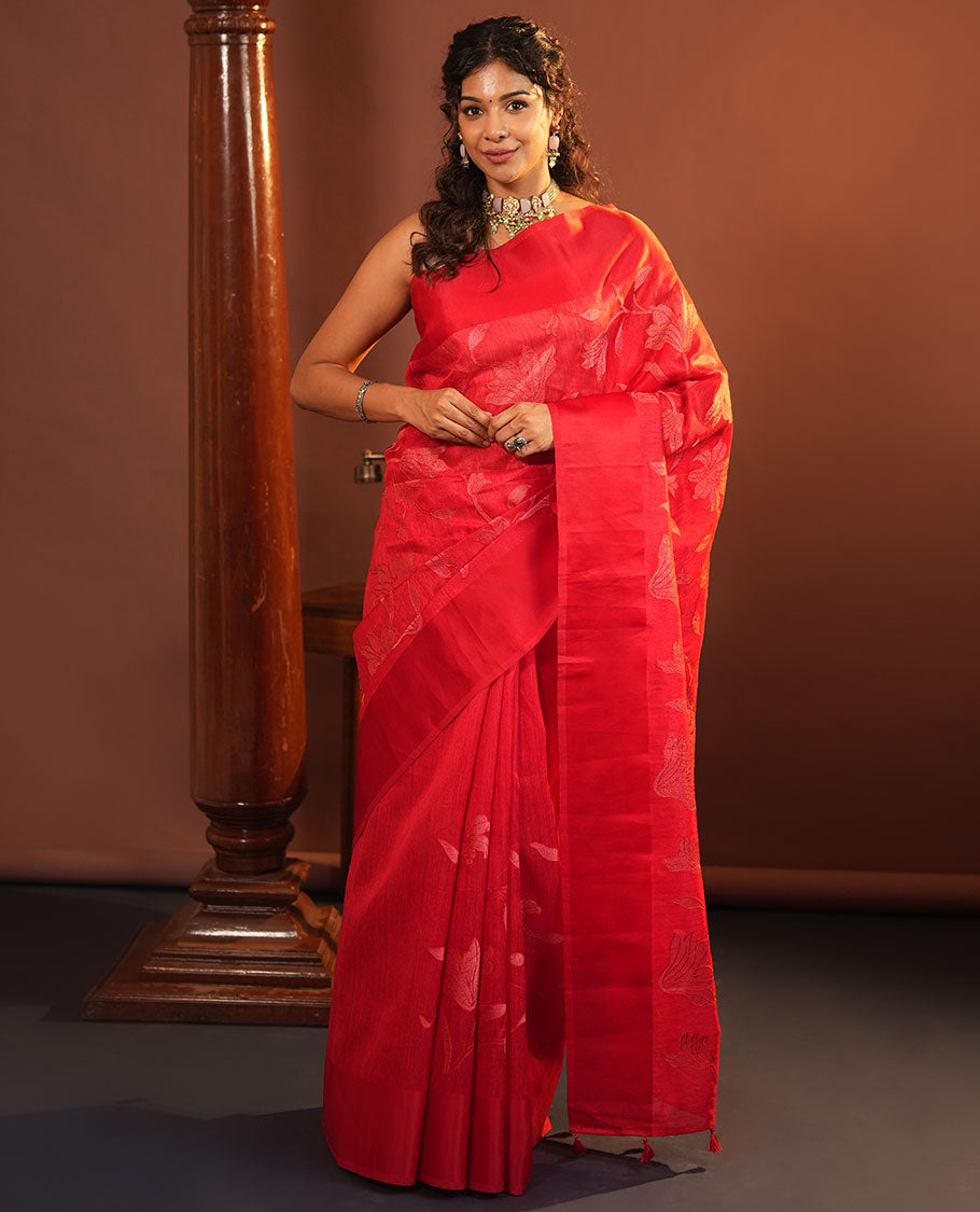 Red Green Silk Saree, Finely Crafted with Floral Vine Cross Stitch Embroidery on Its Body, Subtle Self-Satin Border, Pallu of Floral Vine Cross Stitch Embroidery, and Paired with a Plain Blouse