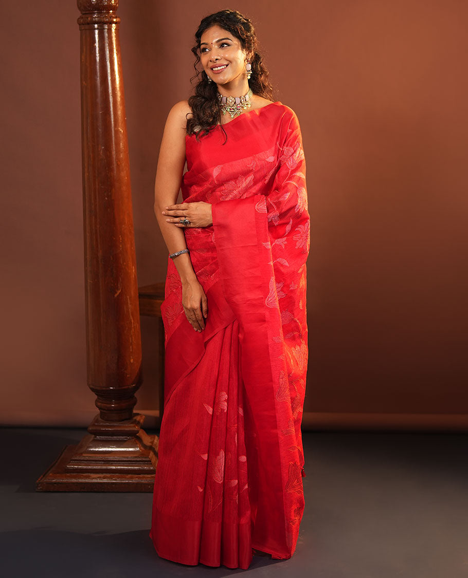 Red Green Silk Saree, Finely Crafted with Floral Vine Cross Stitch Embroidery on Its Body, Subtle Self-Satin Border, Pallu of Floral Vine Cross Stitch Embroidery, and Paired with a Plain Blouse