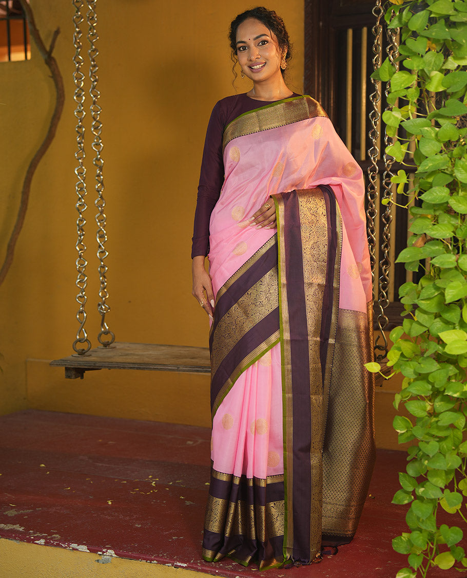 Pink-Brown Zari Buttas Vasundhara Lite Silk Mix Saree, Contrast Mayil-Yaali Border, Jaal Pallu, a Contrast Blouse
