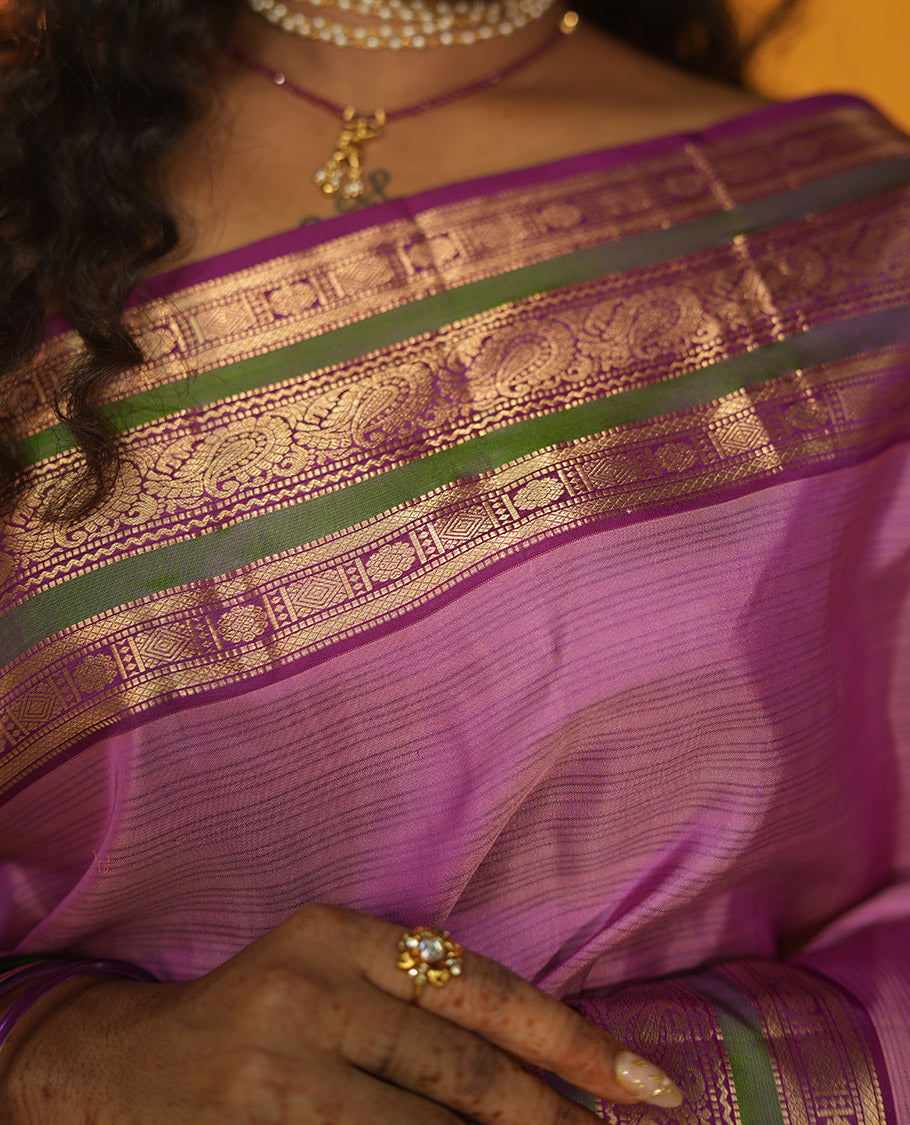 Onion Pink Striped Vasundhara Silk Saree, Contrast Border of Muthu, Mayil Kann, Kamalam, and Manga, Jaal Pallu, a Contrast Blouse