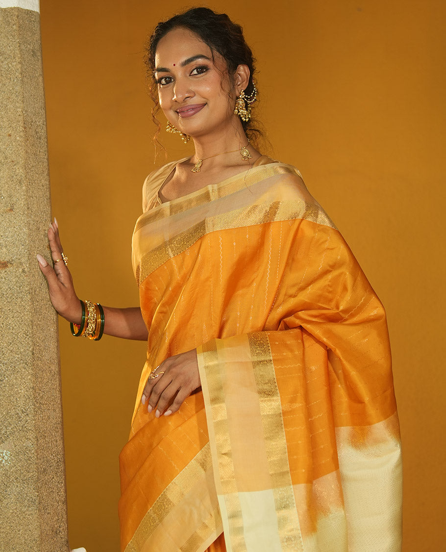 Mustard-Off-White Zari Striped Vasundhara Silk Saree, Contrast Rettai Pettu Zari Border, Jaal Pallu, a Contrast Blouse