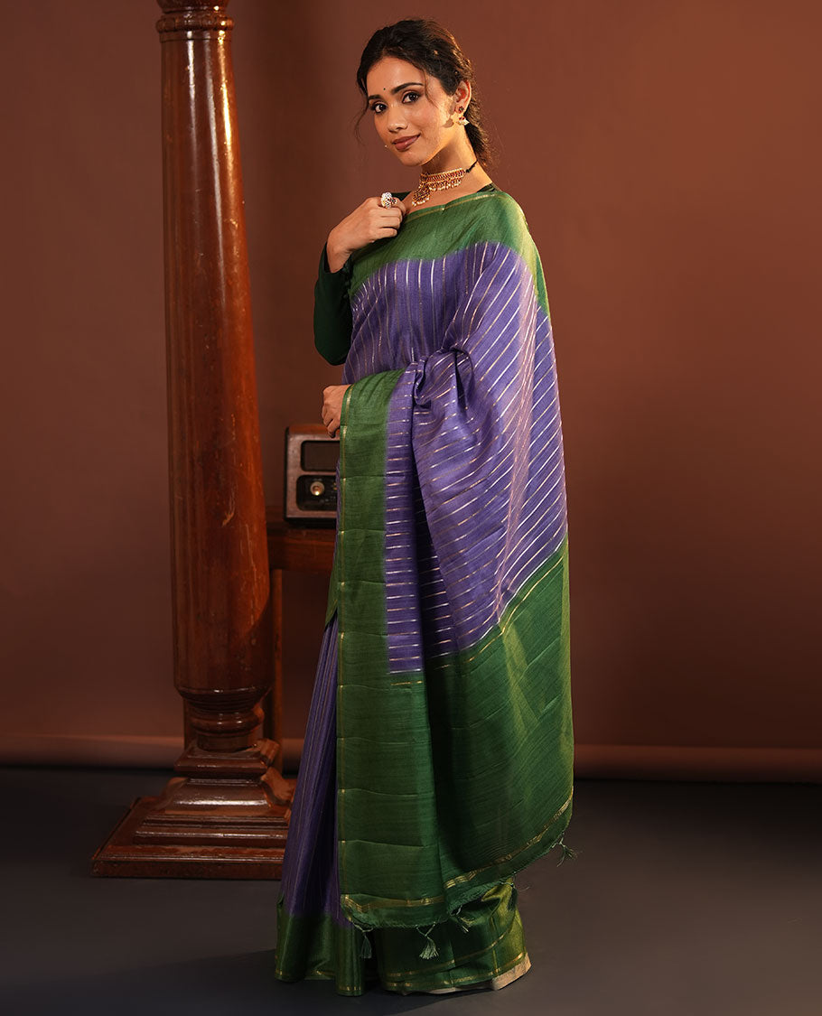 Blue Fancy Tussar Saree, Highlighted by Vertical Zari Stripes Across Its Body, Complemented by Captivating Contrast Geometric Patterned Border, Subtle Pallu and Paired with a Contrast Blouse