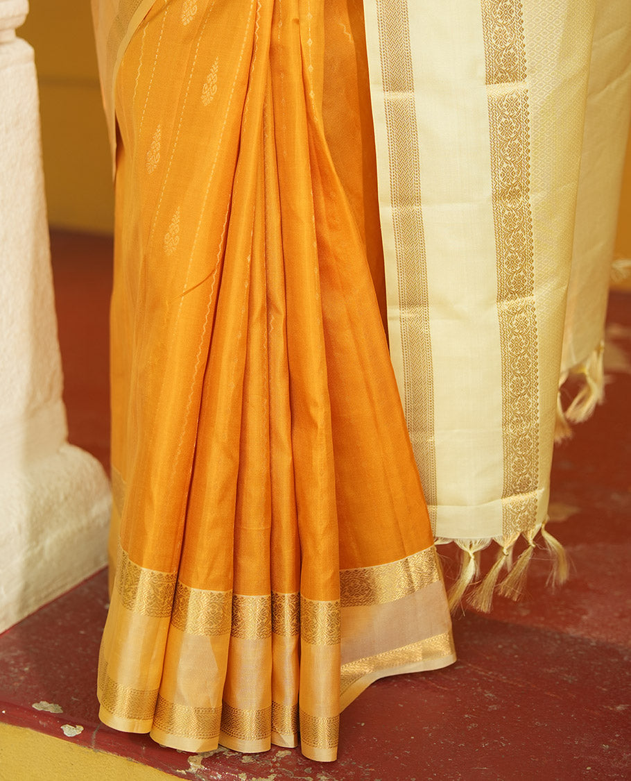 Mustard-Off-White Zari Striped Vasundhara Silk Saree, Contrast Rettai Pettu Zari Border, Jaal Pallu, a Contrast Blouse