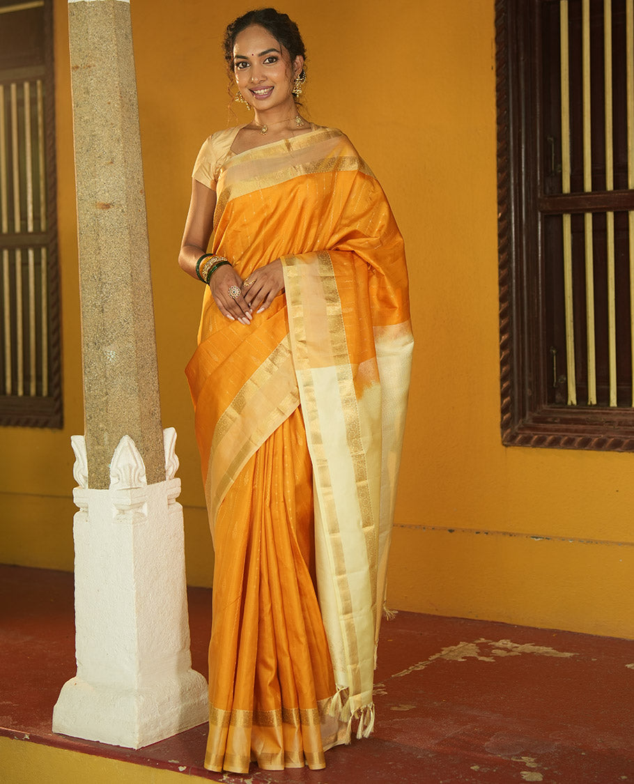 Mustard-Off-White Zari Striped Vasundhara Silk Saree, Contrast Rettai Pettu Zari Border, Jaal Pallu, a Contrast Blouse
