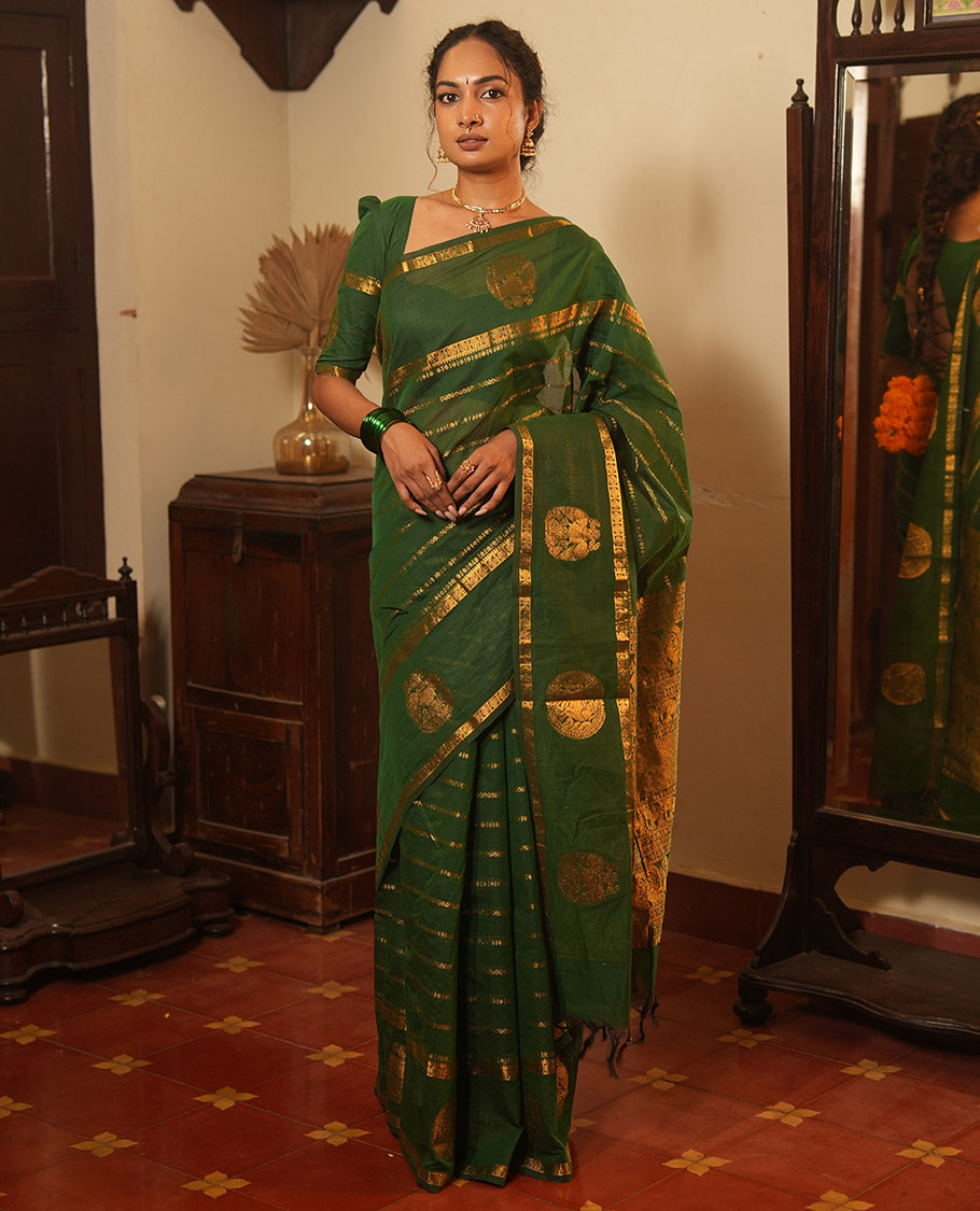 Green Chettinad Cotton Saree, Decorated with Zari Stripes, a Zari Iruthalai Pakshi-Yaali Border, Grand Pallu, and a Matching Blouse