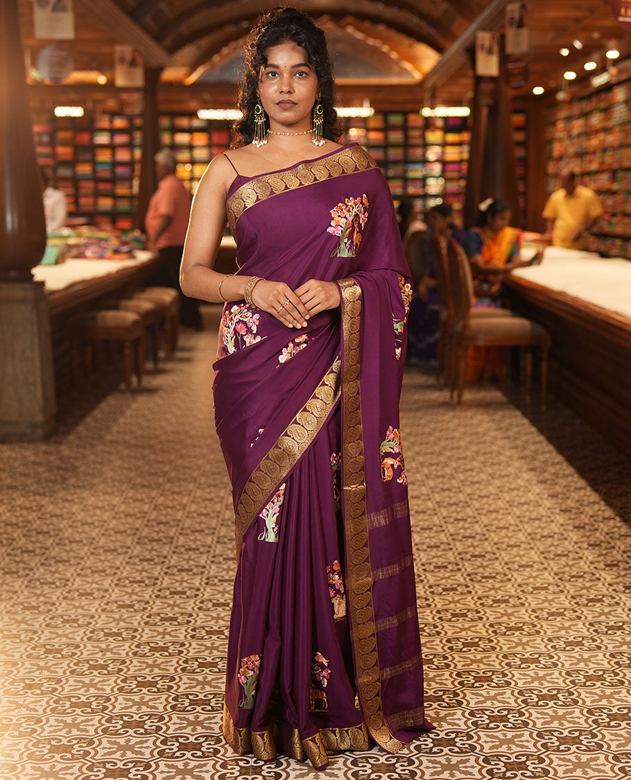 Purple Embroidery Mysore Silk Saree
