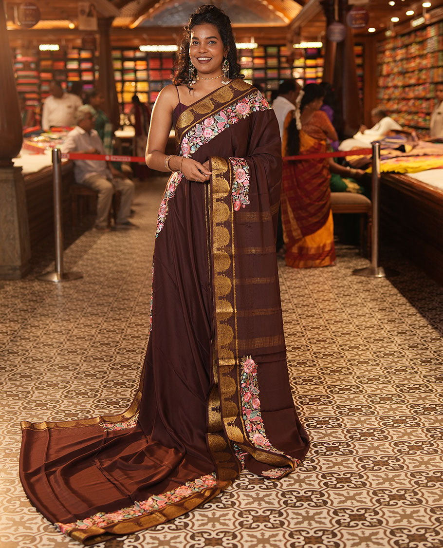 Brown Plain Mysore Silk Saree