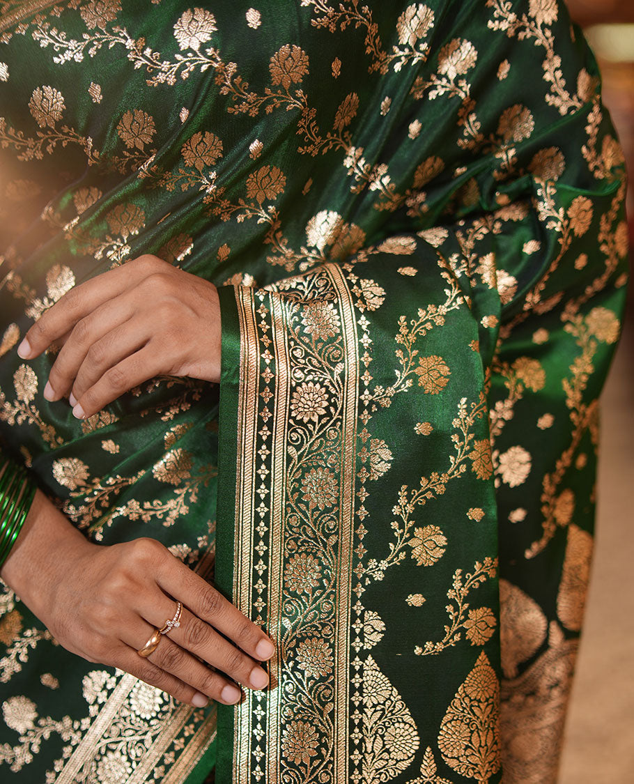 Green Semi-Banarasi Saree, Ornamented with Floral Jacquard Design, a Floral Creeper Border, Rich Pallu, Matching Blouse