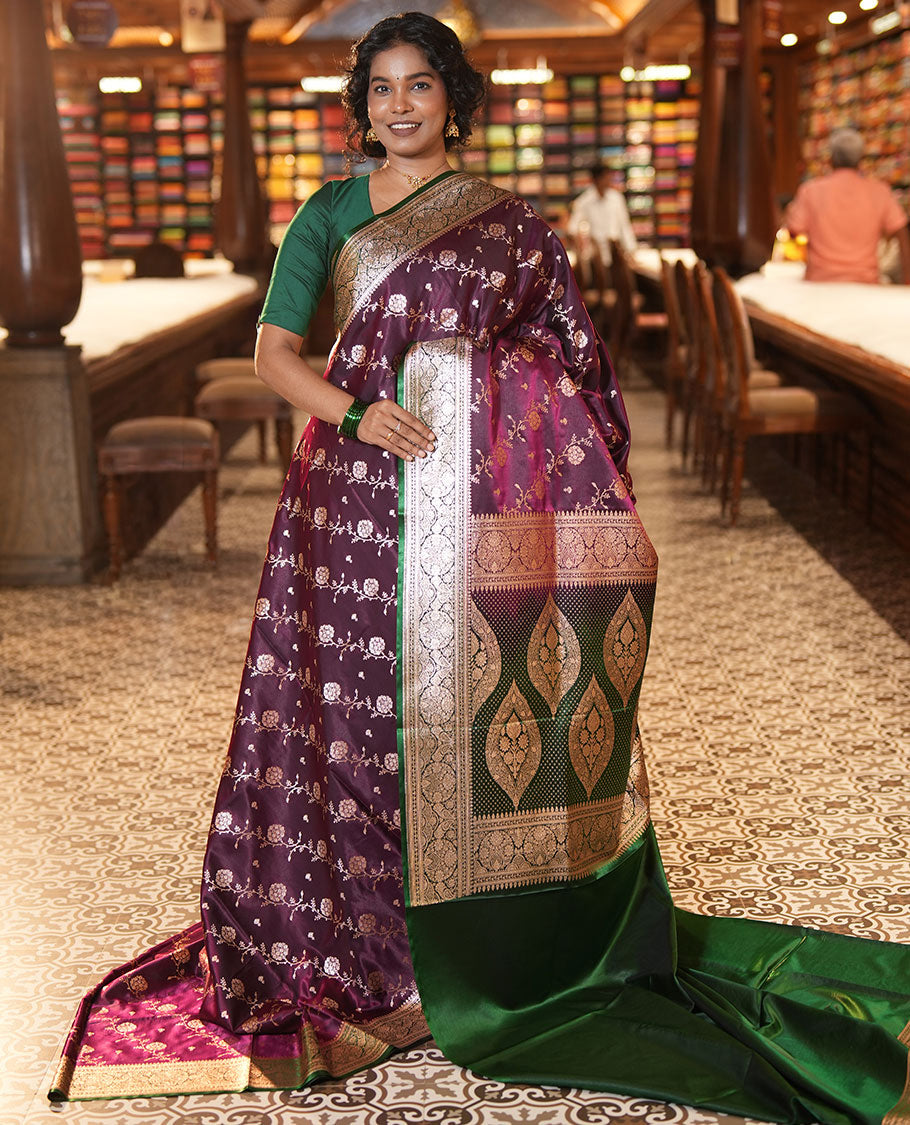 Purple Semi-Banarasi Saree, Decorated with Zari Buttas, a Contrast Intricate Border, Rich Pallu, Contrast Blouse