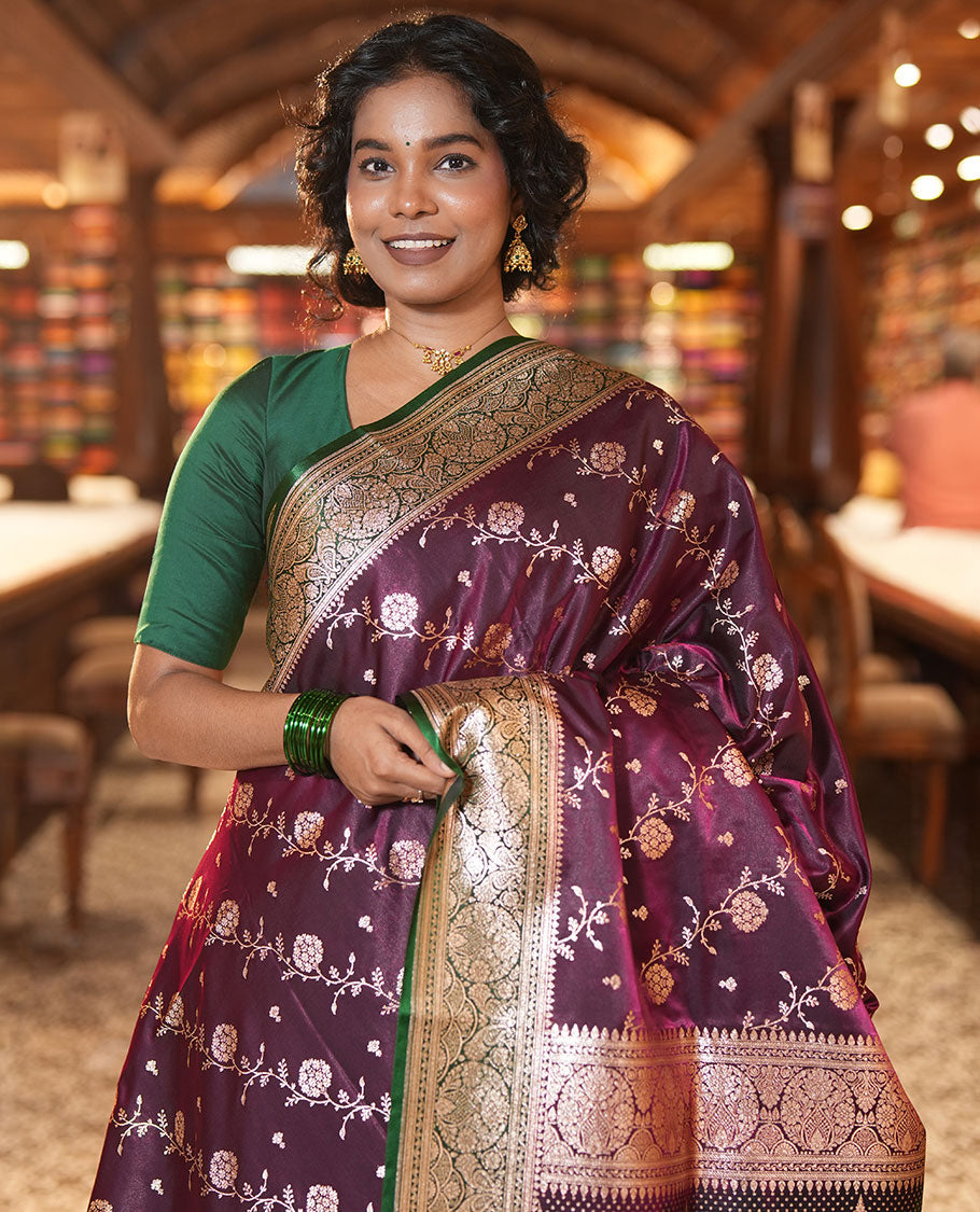 Purple Semi-Banarasi Saree, Decorated with Zari Buttas, a Contrast Intricate Border, Rich Pallu, Contrast Blouse