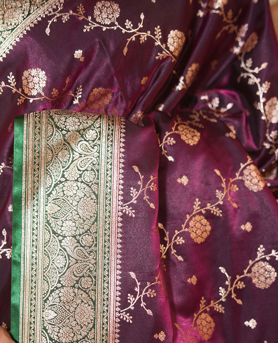 Purple Semi-Banarasi Saree, Decorated with Zari Buttas, a Contrast Intricate Border, Rich Pallu, Contrast Blouse