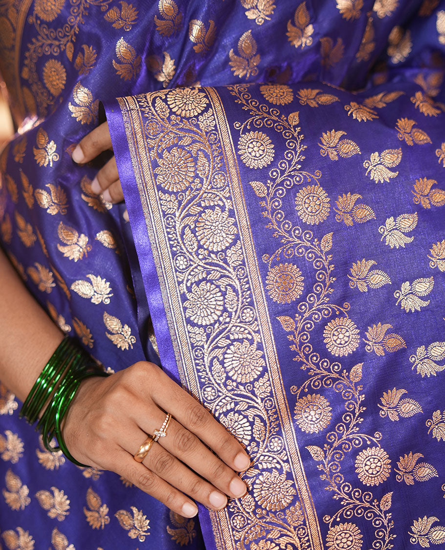Blue Semi-Banarasi Saree, Spotlighted with Zari Buttas, a Floral Creeper Border, Rich Pallu, Matching Blouse