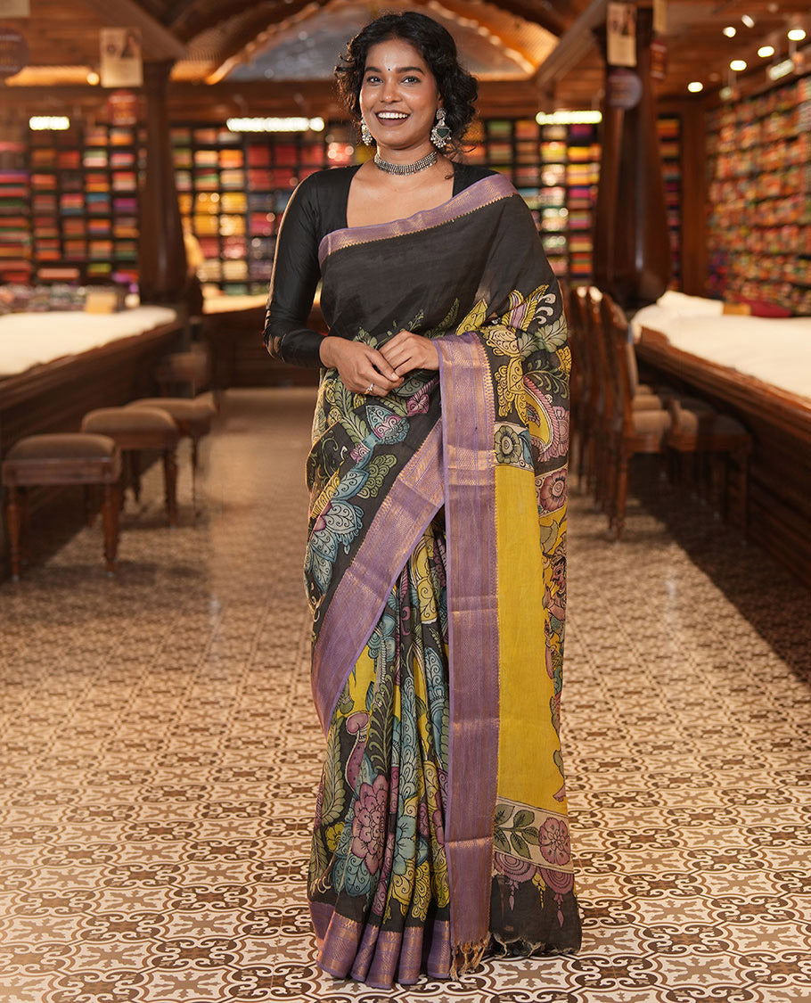 Black Tussar Kalamkari Saree