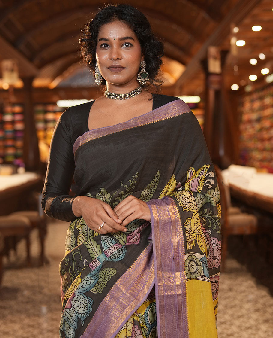 Black Tussar Kalamkari Saree
