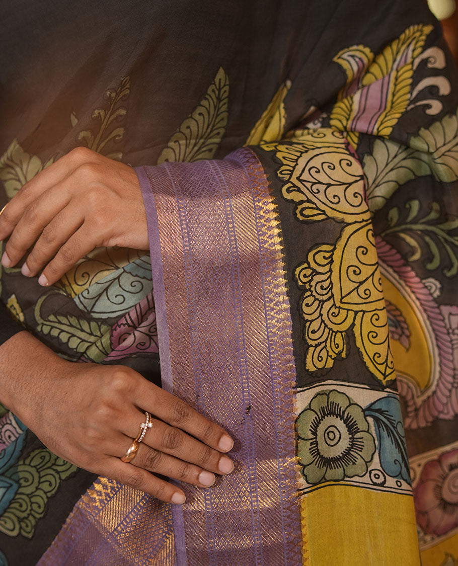 Black Tussar Kalamkari Saree