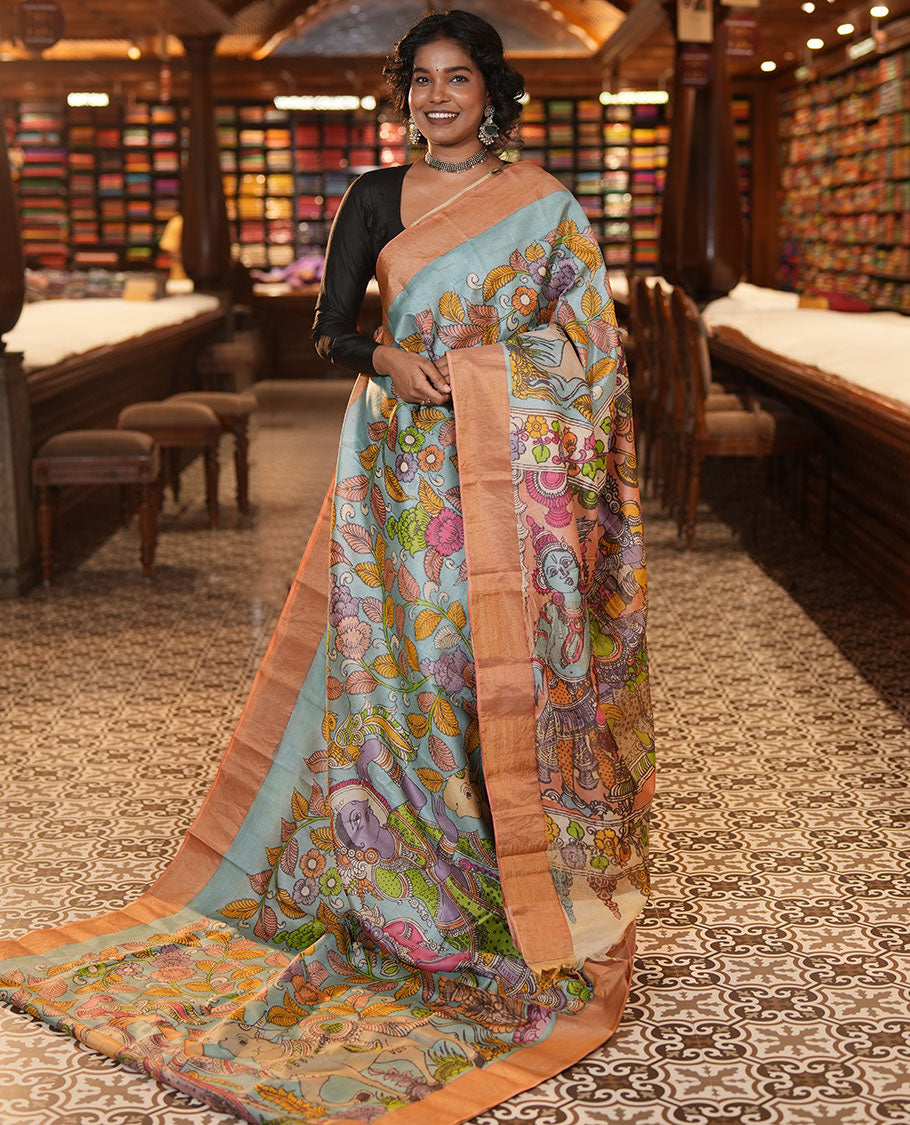 Blue Tussar Kalamkari Saree