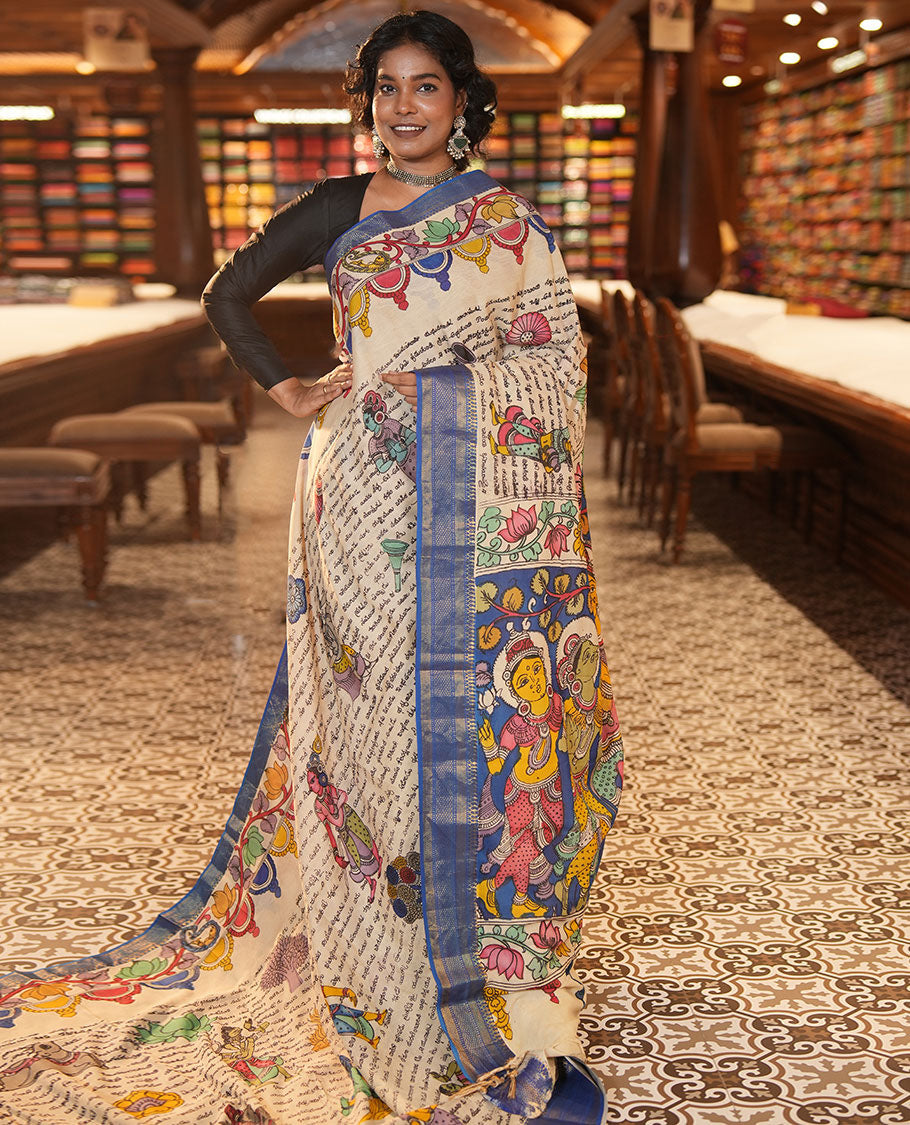 Sandal Tussar Kalamkari Saree