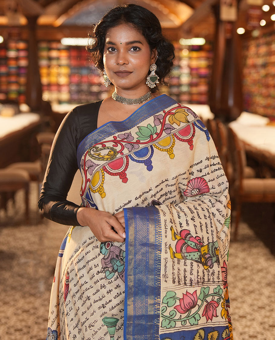 Sandal Tussar Kalamkari Saree