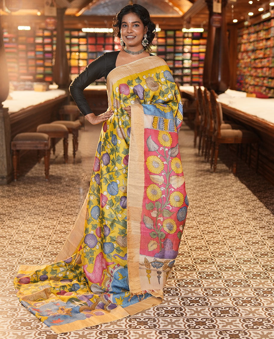 Yellow Tussar Kalamkari Saree
