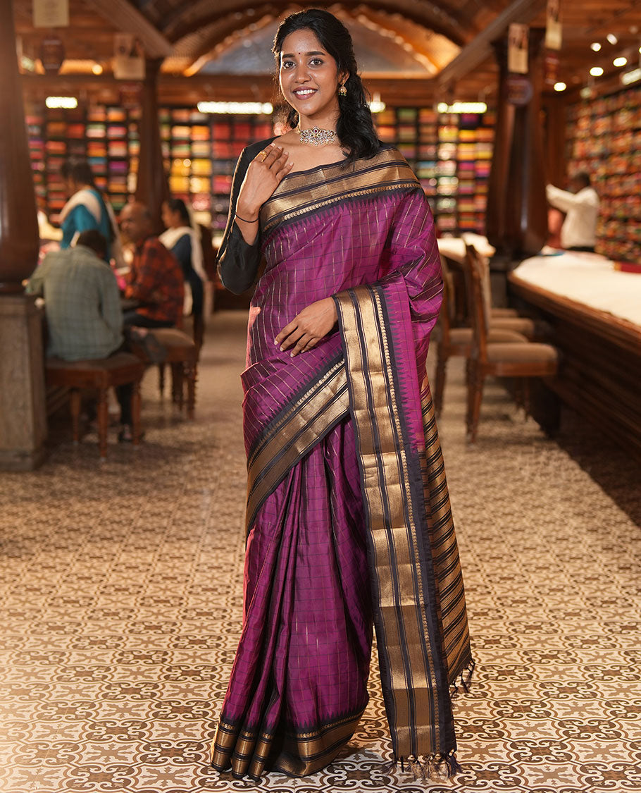 Magenta-Dark Purple Vasundhara Lite Silkmix Saree, Graced with Checks, Contrast Border of Rekku, Manga Mokku, and Mayil Kann, Grand Pallu, and Contrast Blouse
