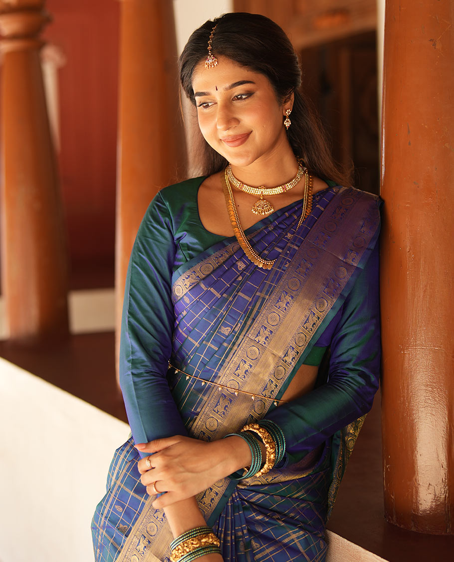 Blue zari buttas enclosed in a checked silk saree, zari border of kuthirai and chakram designs, and intricate zari woven pallu