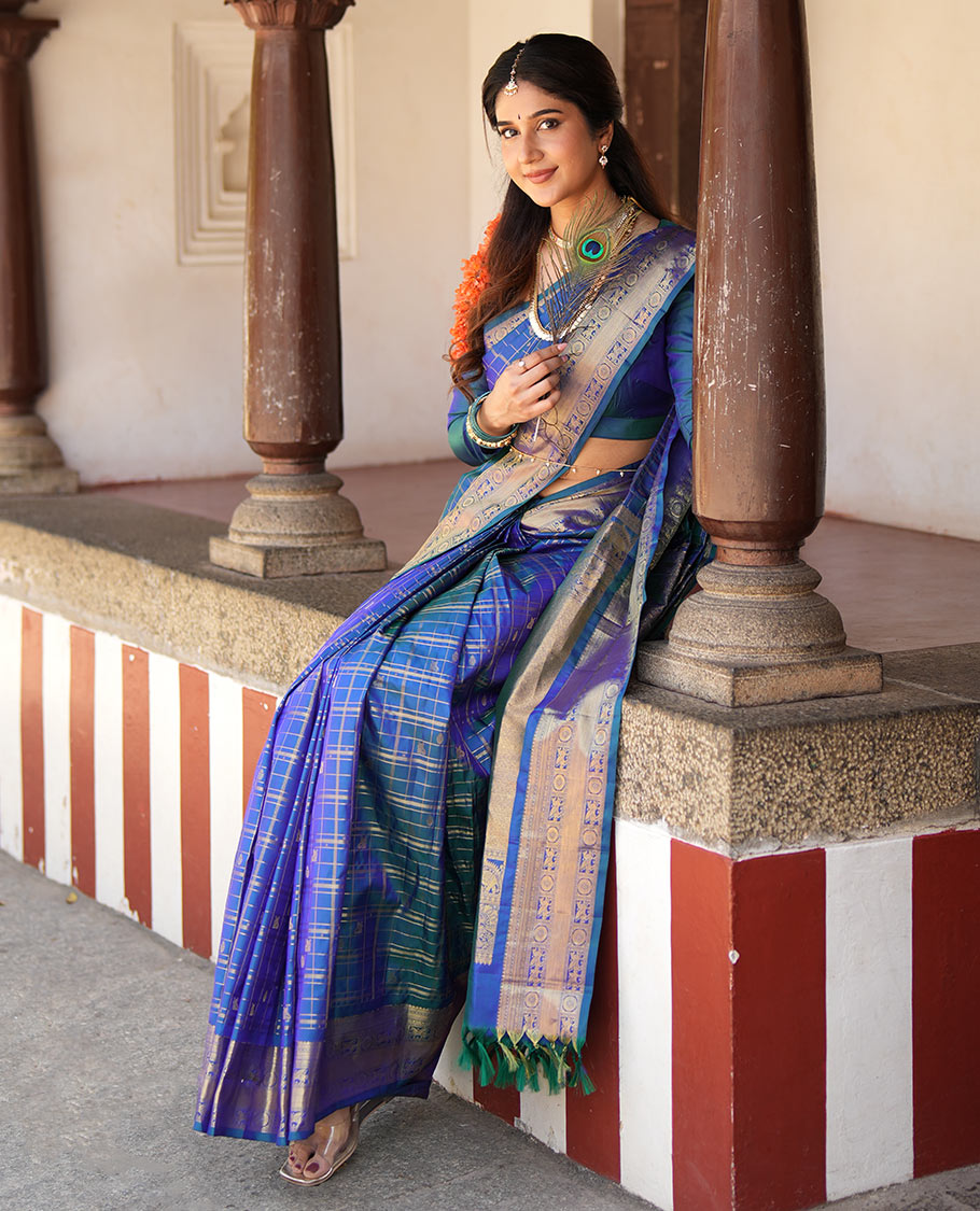 Blue zari buttas enclosed in a checked silk saree, zari border of kuthirai and chakram designs, and intricate zari woven pallu