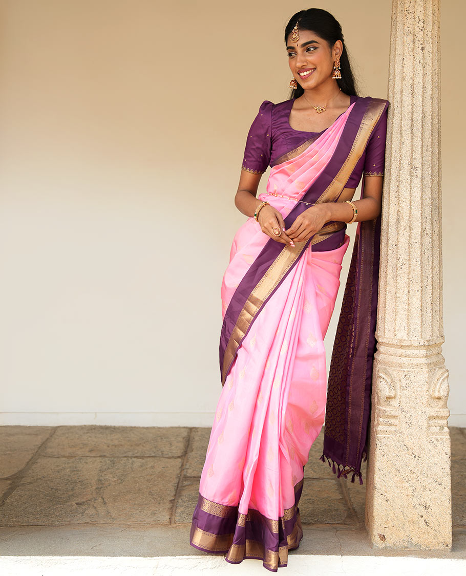 Pink zari buttas woven Vasundhara Lite Silk Mix Saree, contrast rettai pettu border of laddu kamalam designs, and jaal pallu