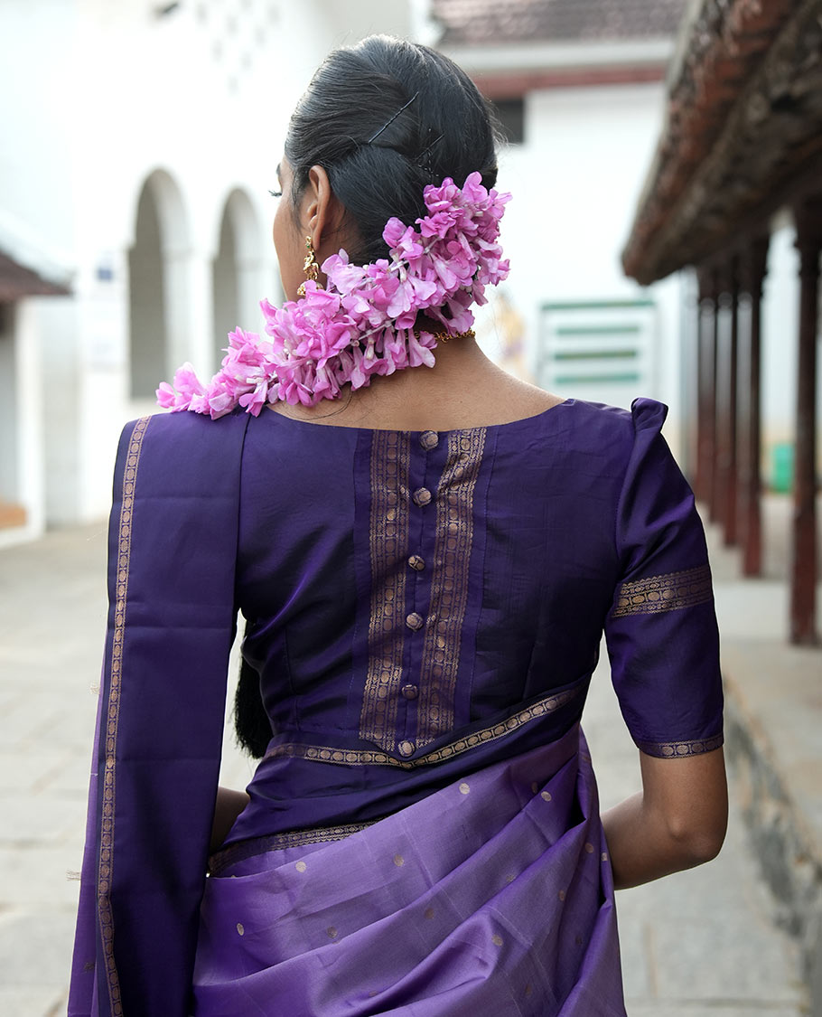 Lavender Poun Buttas Vasundhara Silk Saree, Contrast Rettai Pettu Border of Rekku, Neli, and Rudraksham Designs, and Zari-Rich Intricate Pallu