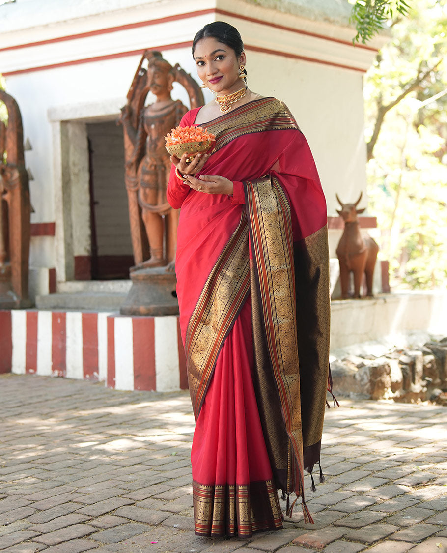 Red Plain Vasundhara Lite Silk Saree, Complemented by a Contrast Border of Banaras, Diamond, Muthu, Kathir, and Round Mayil Designs, Grand Jaal Pallu, and Paired with a Contrast Blouse